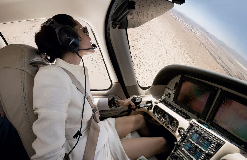 Angelina Jolie aboard her Cirrus SR22 plane