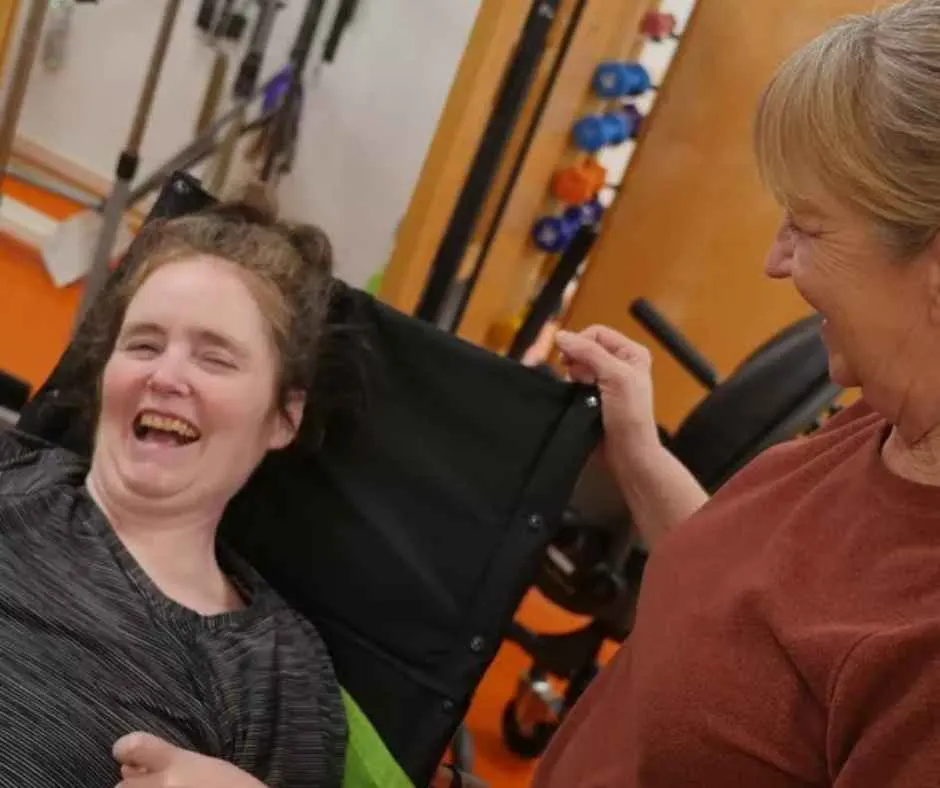 Jennifer and Peggy laughing while at the hospital.