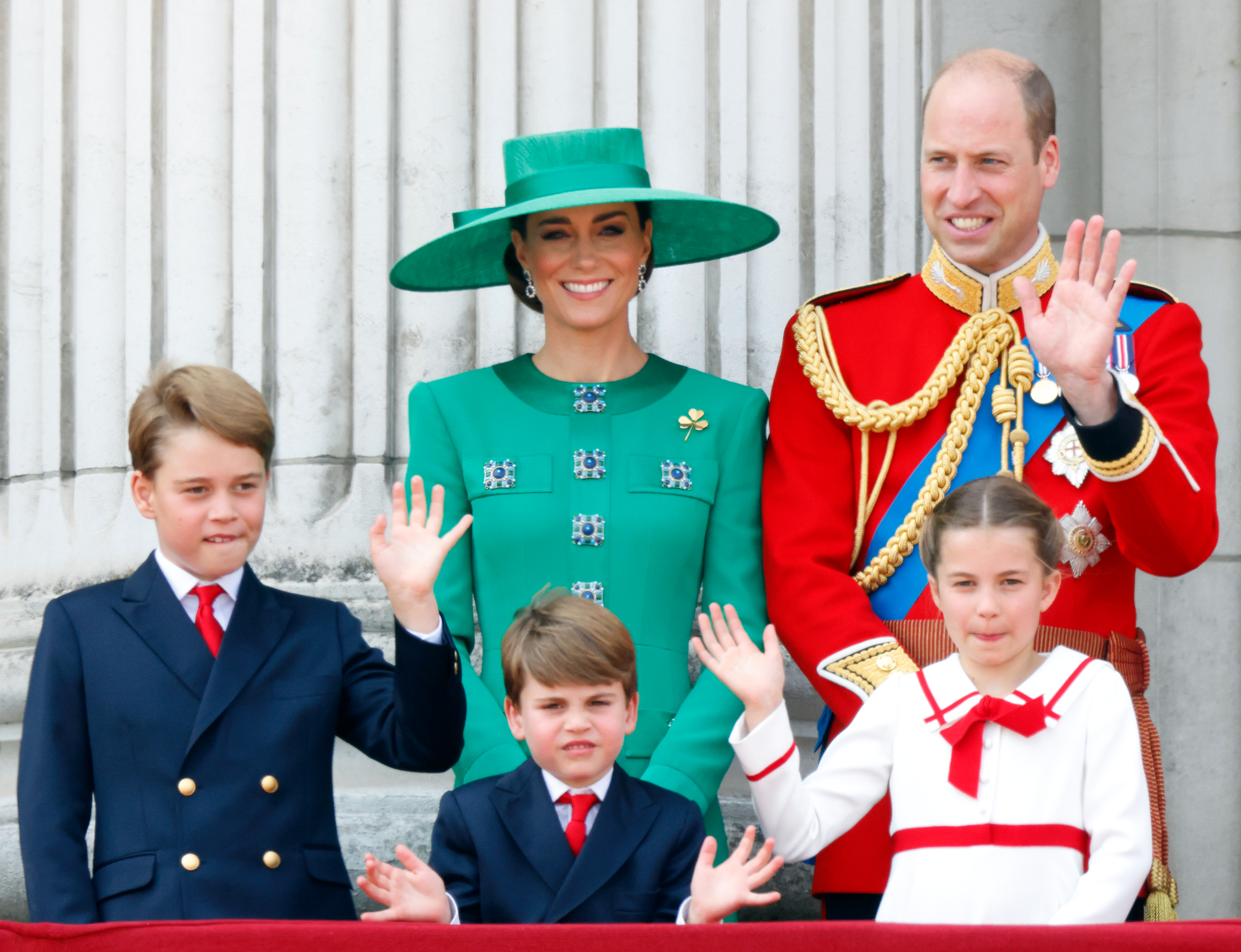 Princess Catherine and Prince William with their children George, Louis and Charlotte at the balcony of Buckingham Palace during Trooping the Colour on June 17, 2023 in London, England | Source: Getty Images