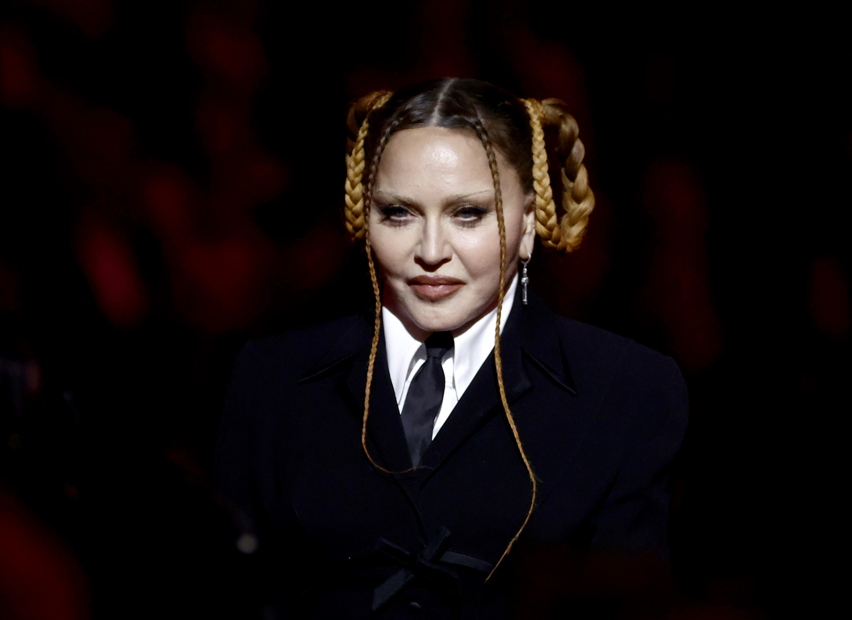 Madonna speaks onstage during the 65th GRAMMY Awards at Crypto.com Arena in Los Angeles, California on February 5, 2023. | Source: Getty Images