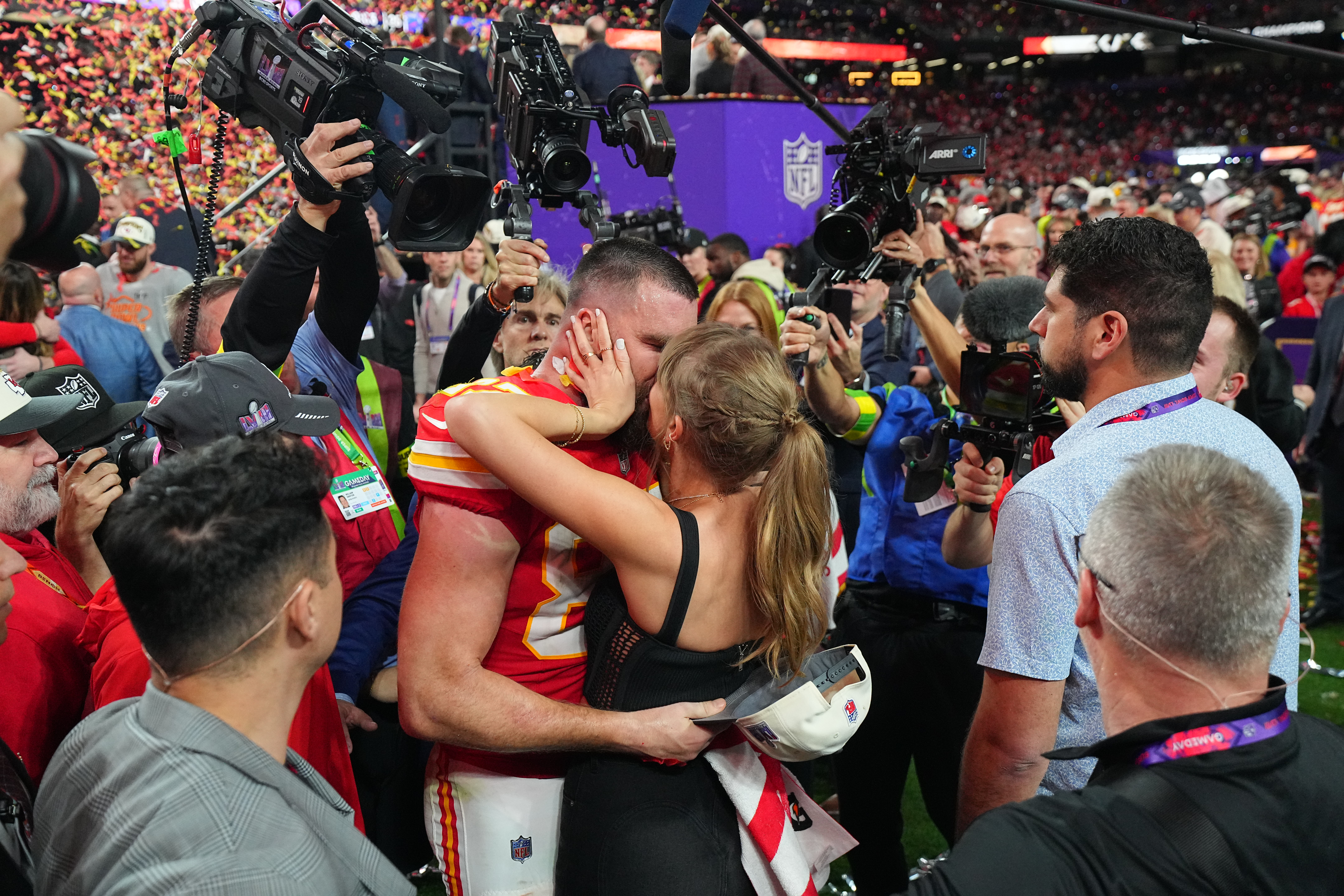 Travis Kelce and Taylor Swift during Super Bowl LVIII on February 11, 2024 in Las Vegas, Nevada | Source: Getty Images