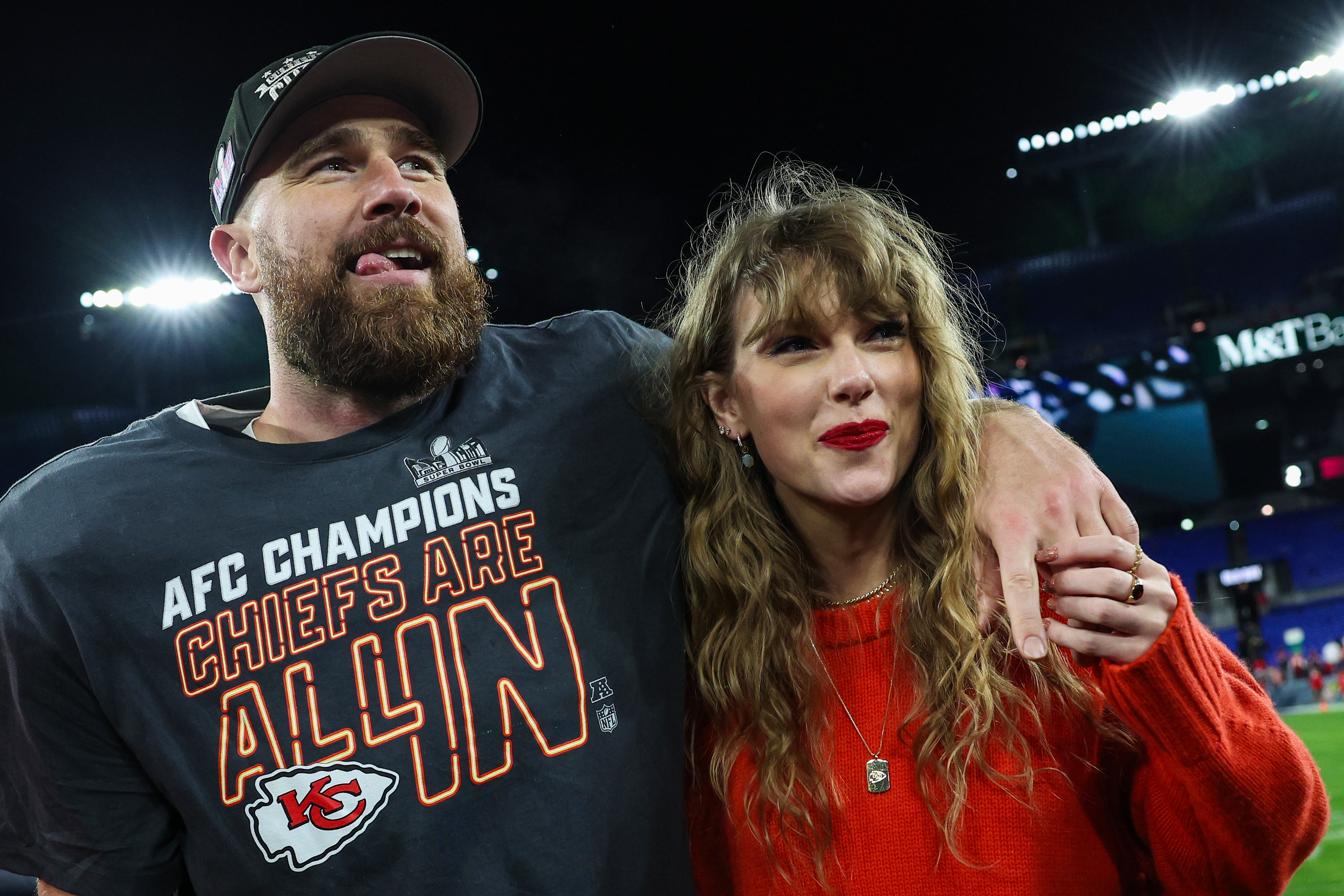 Travis Kelce and Taylor Swift during the AFC Championship Game on January 28, 2024 in Baltimore, Maryland | Source: Getty Images