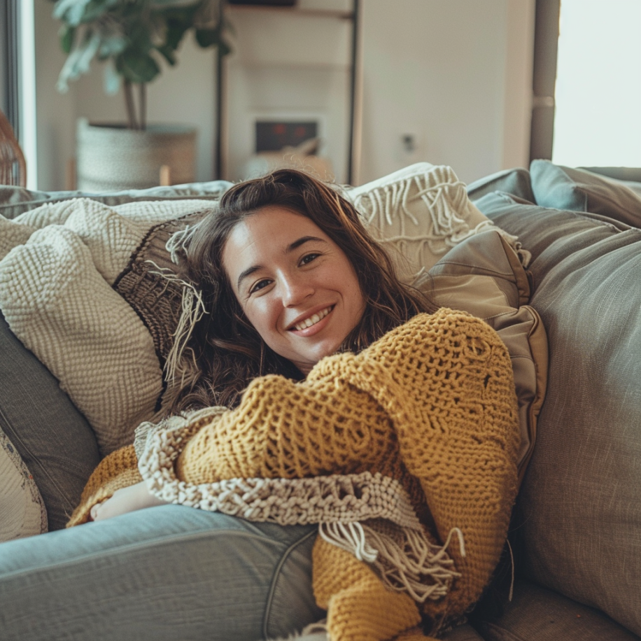 A young woman lounging on the couch at home | Source: Midjourney