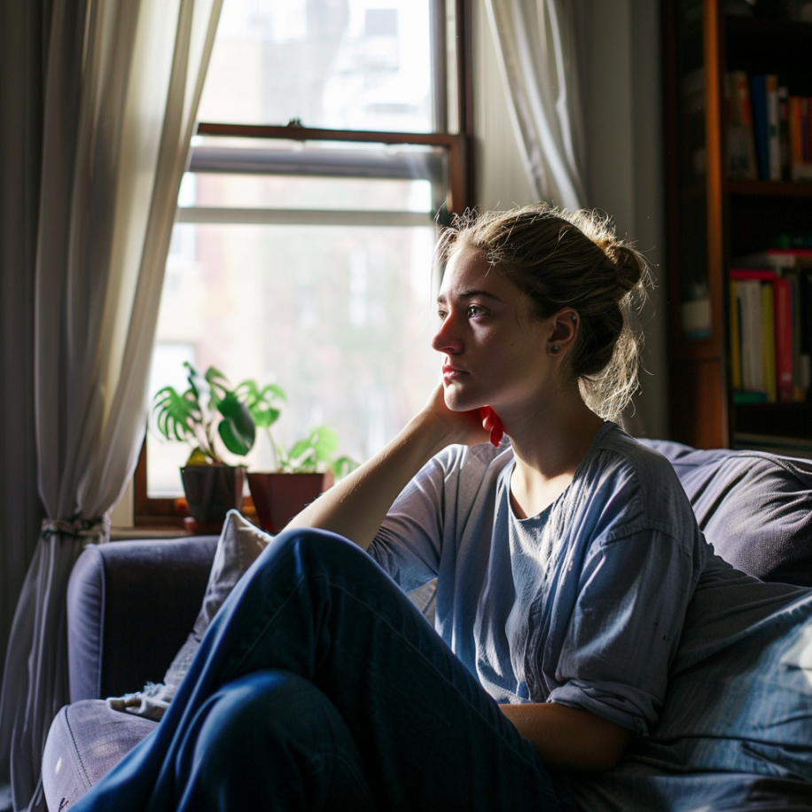 A young woman sitting on the sofa lost in her thoughts | Source: Midjourney