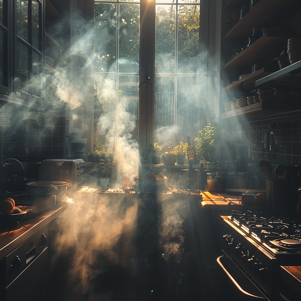 Smoke on the kitchen after the father burnt the chicken | Source: Midjourney