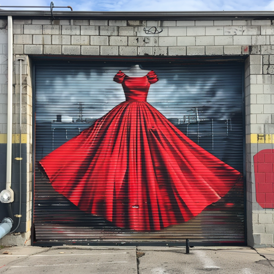 A beautiful mural of a red dress on a garage door | Source: Midjourney