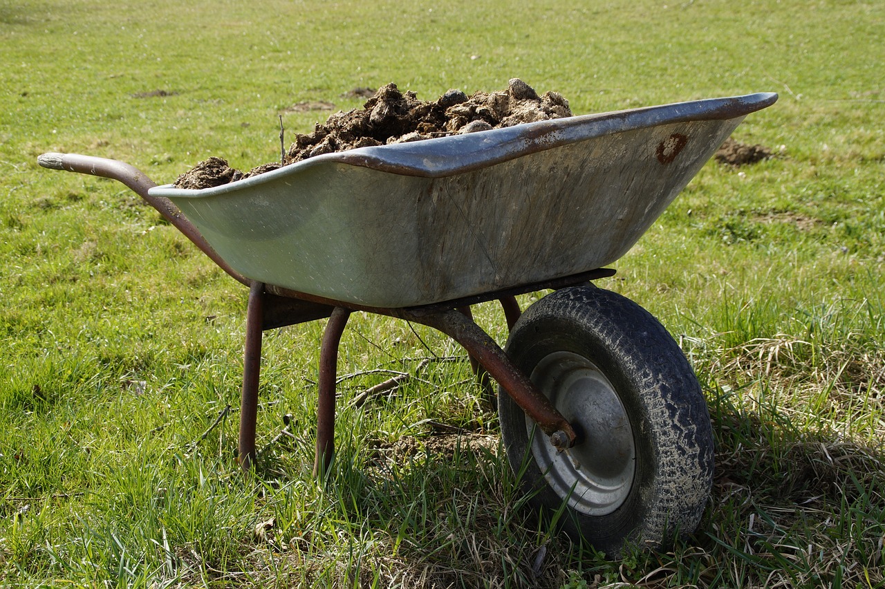 A wheelbarrow with fertilizer on a garden | Source: Pixabay
