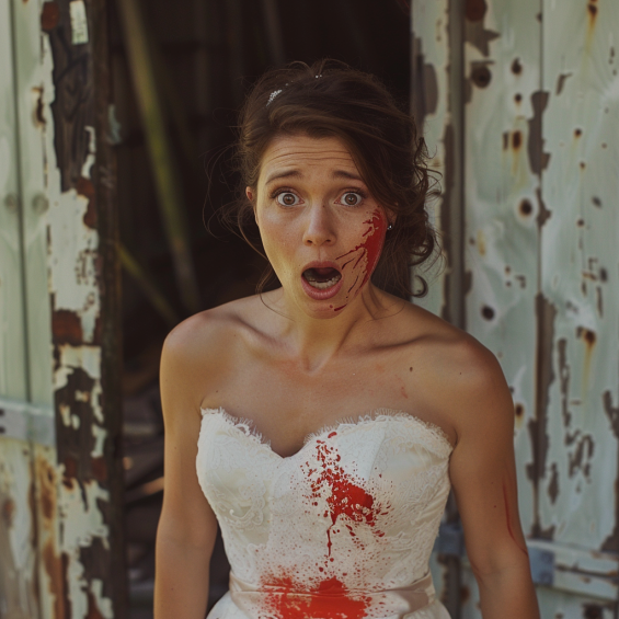 A shocked and upset bride with red paint on her dress | Source: Midjourney